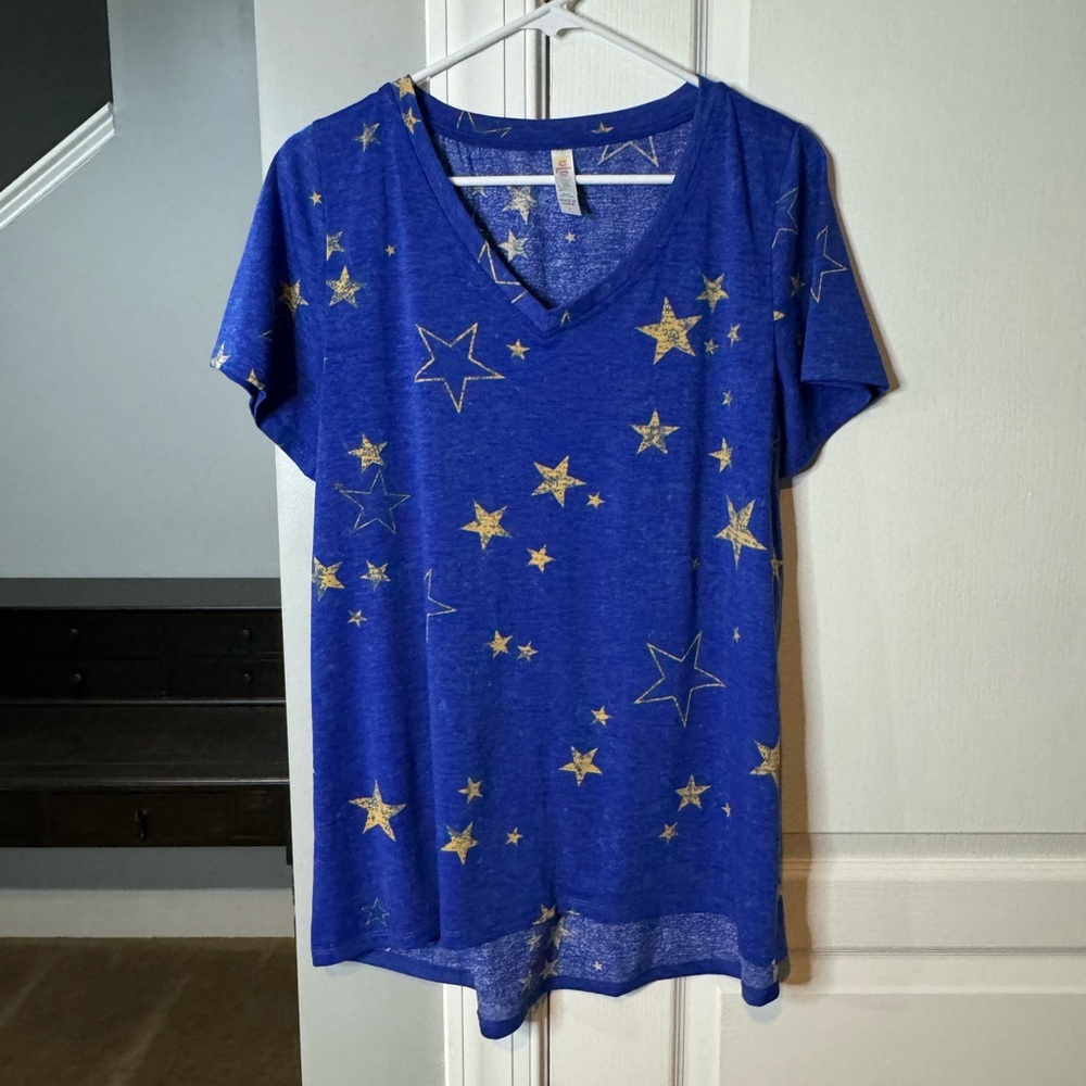 Lularoe Christy shirt, size L, blue w/ gold stars